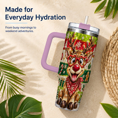 #pl[40oz|Pink] Funny Reindeer 40oz Tumbler with Handle, Christmas Stainless Steel Cup