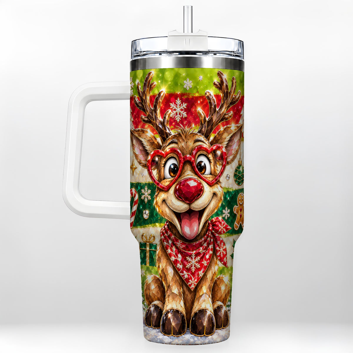 Funny Reindeer 40oz Tumbler with Handle, Christmas Stainless Steel Cup