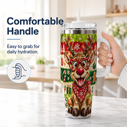 #pl[40oz|White] Funny Reindeer 40oz Tumbler with Handle, Christmas Stainless Steel Cup