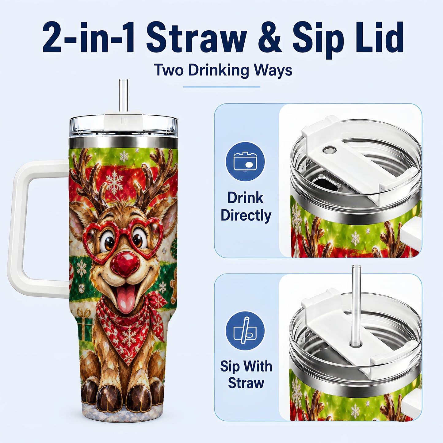 #pl[40oz|White] Funny Reindeer 40oz Tumbler with Handle, Christmas Stainless Steel Cup