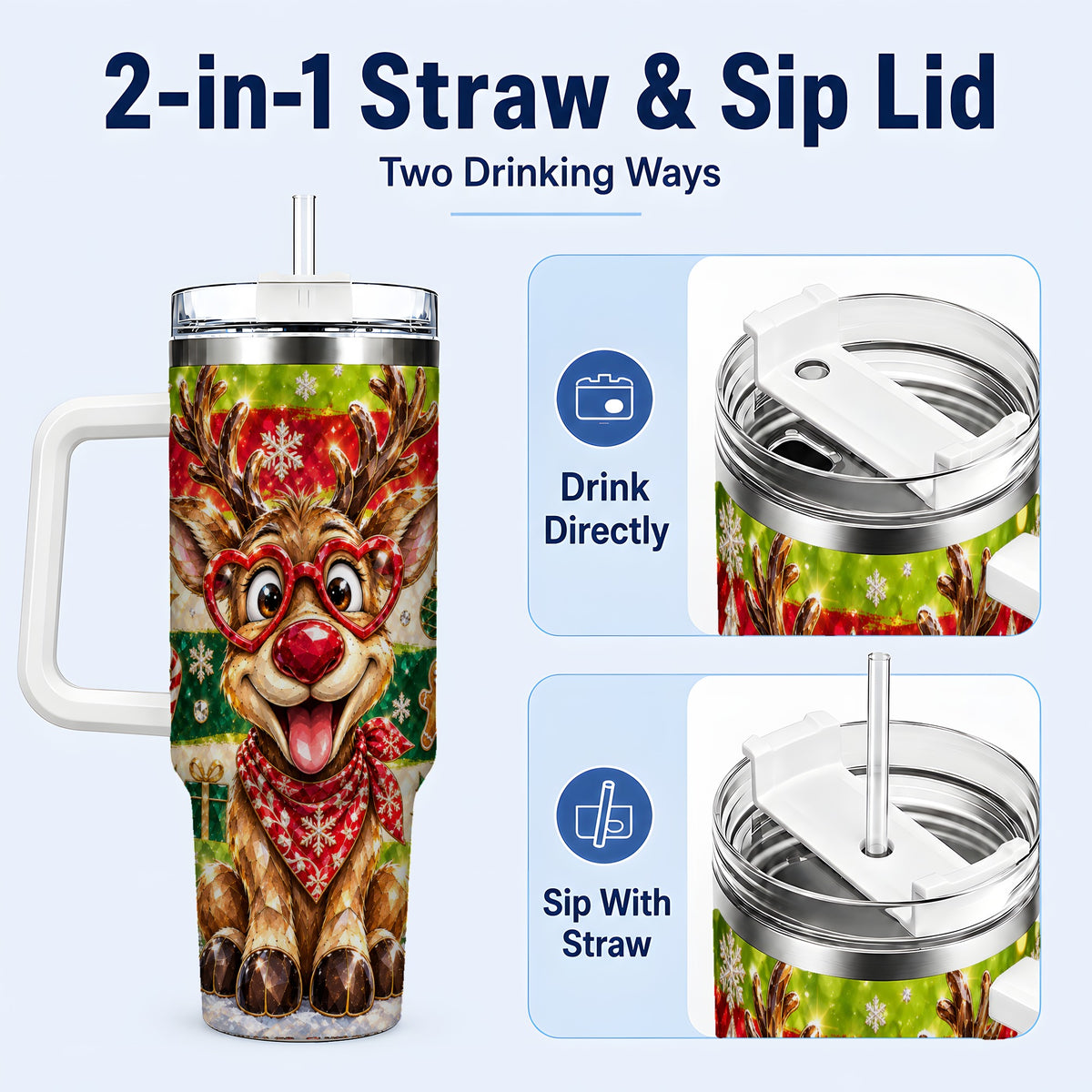 #pl[40oz|White] Funny Reindeer 40oz Tumbler with Handle, Christmas Stainless Steel Cup