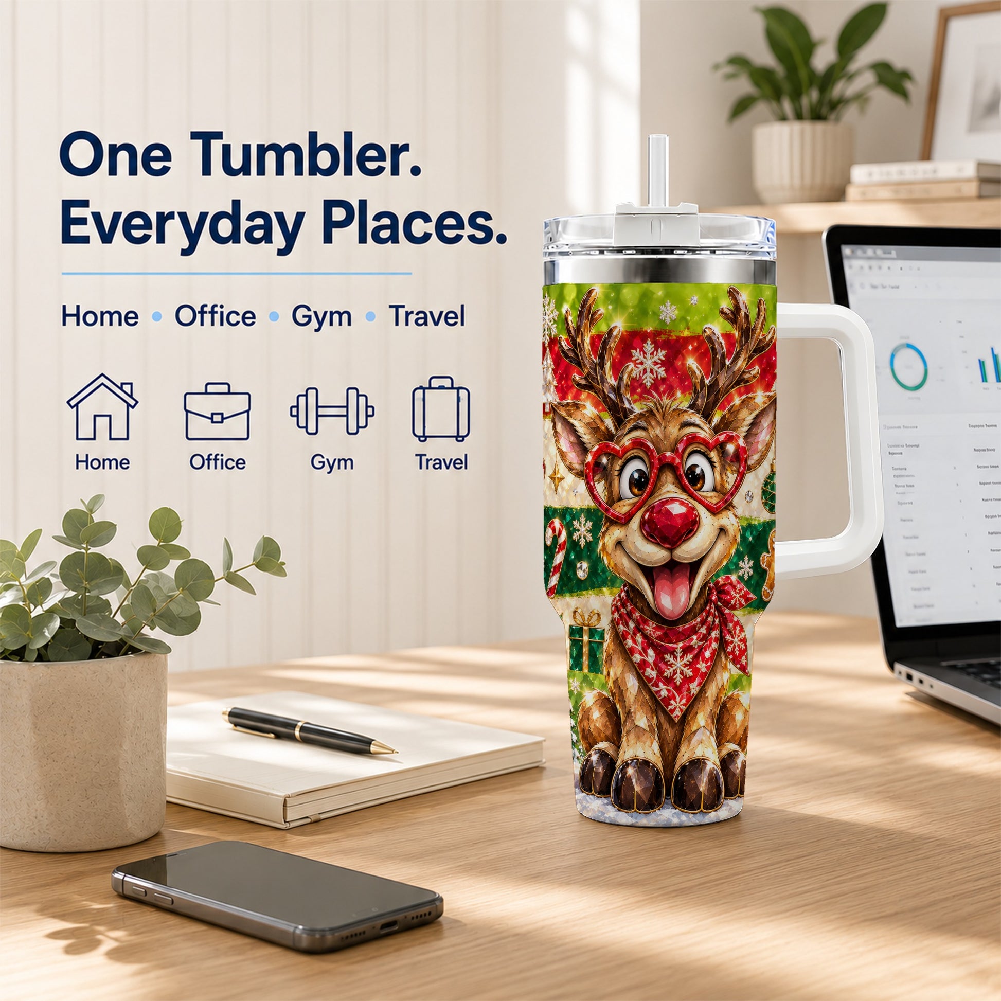 #pl[40oz|White] Funny Reindeer 40oz Tumbler with Handle, Christmas Stainless Steel Cup