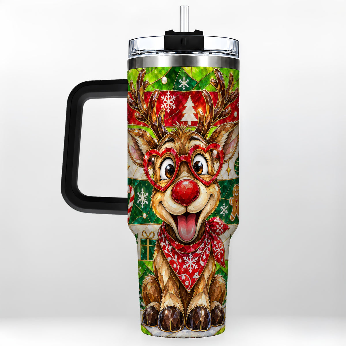 #pl[40oz|Black] Christmas Reindeer 40oz Tumbler with Handle, Stainless Steel Travel Cup