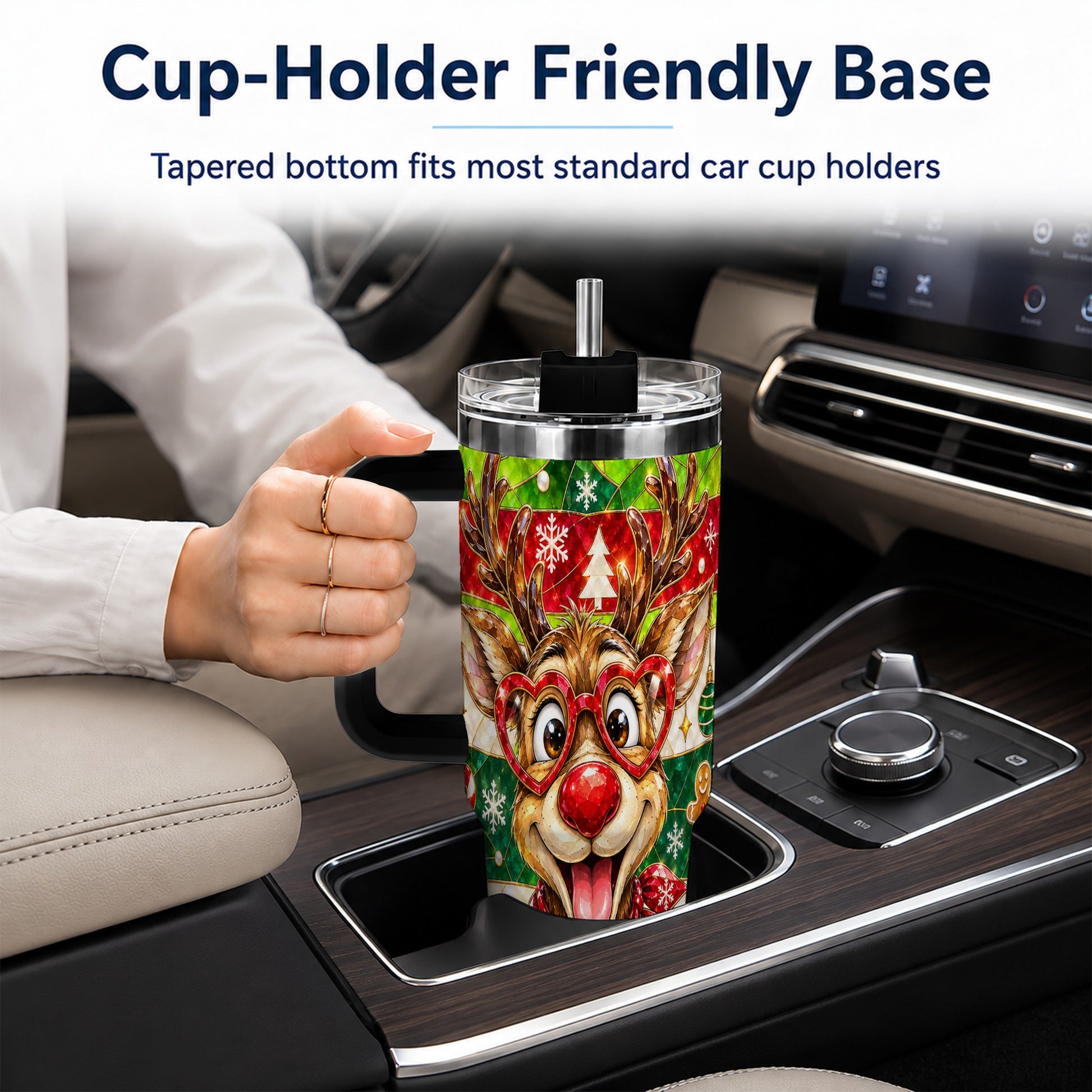 #pl[40oz|Black] Christmas Reindeer 40oz Tumbler with Handle, Stainless Steel Travel Cup