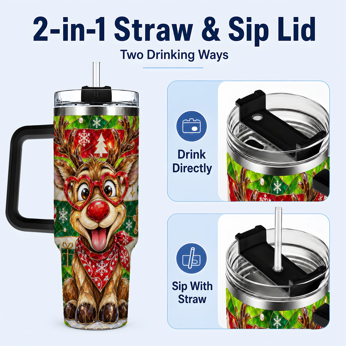 #pl[40oz|Black] Christmas Reindeer 40oz Tumbler with Handle, Stainless Steel Travel Cup