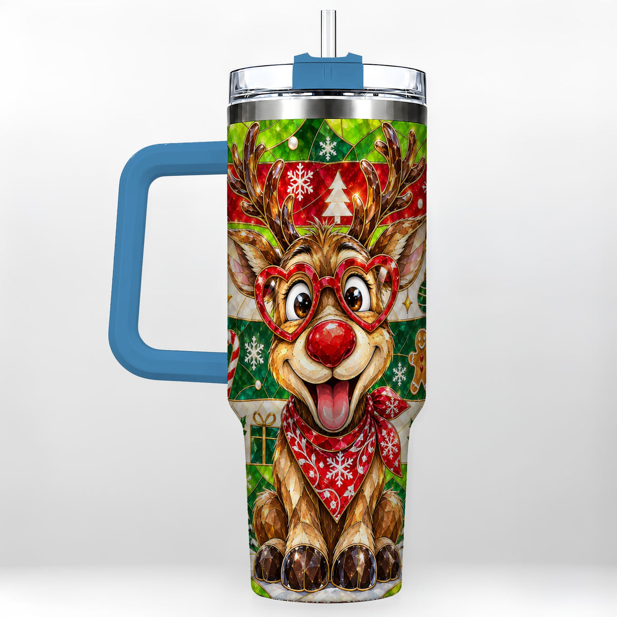 #pl[40oz|Blue] Christmas Reindeer 40oz Tumbler with Handle, Stainless Steel Travel Cup