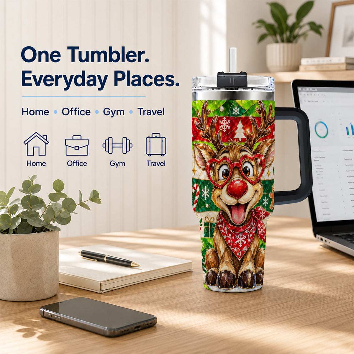 #pl[40oz|Black] Christmas Reindeer 40oz Tumbler with Handle, Stainless Steel Travel Cup