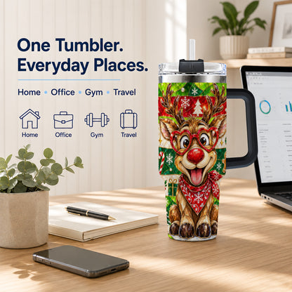 #pl[40oz|Black] Christmas Reindeer 40oz Tumbler with Handle, Stainless Steel Travel Cup