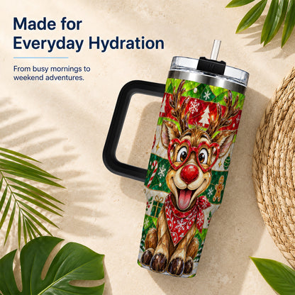#pl[40oz|Black] Christmas Reindeer 40oz Tumbler with Handle, Stainless Steel Travel Cup