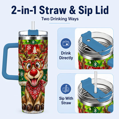 #pl[40oz|Blue] Christmas Reindeer 40oz Tumbler with Handle, Stainless Steel Travel Cup