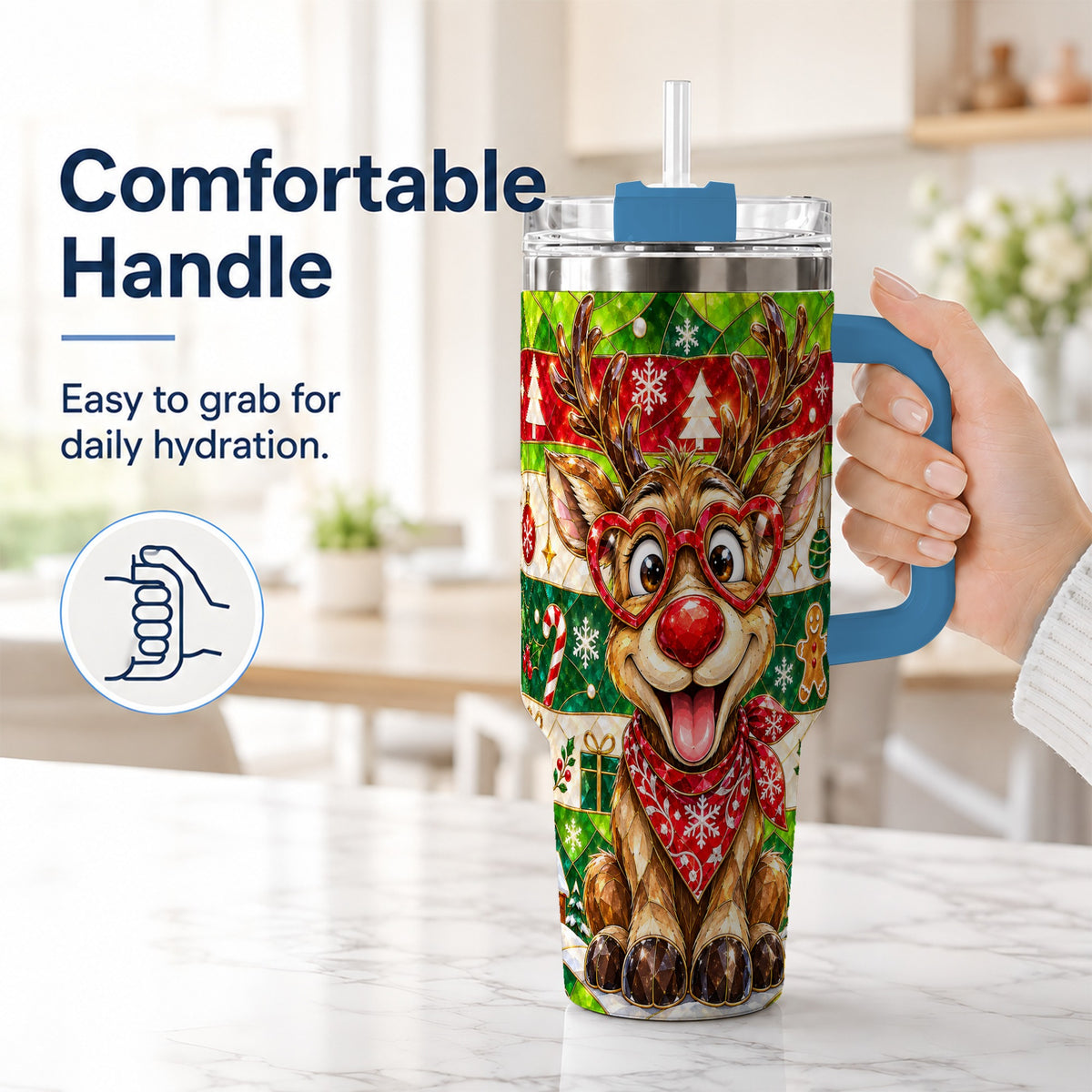 #pl[40oz|Blue] Christmas Reindeer 40oz Tumbler with Handle, Stainless Steel Travel Cup
