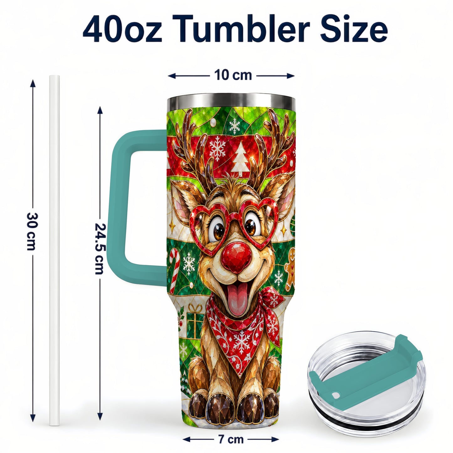 #pl[40oz|Green] Christmas Reindeer 40oz Tumbler with Handle, Stainless Steel Travel Cup