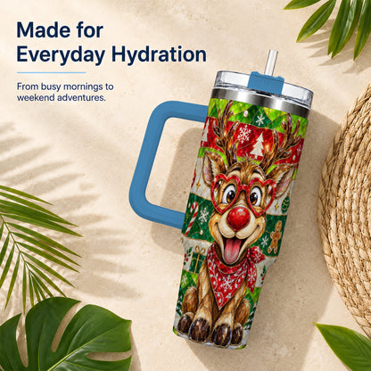 #pl[40oz|Blue] Christmas Reindeer 40oz Tumbler with Handle, Stainless Steel Travel Cup