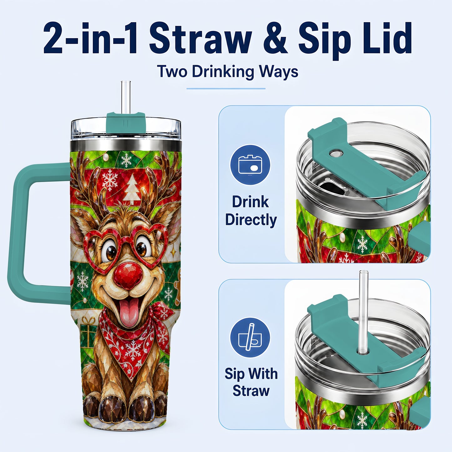 #pl[40oz|Green] Christmas Reindeer 40oz Tumbler with Handle, Stainless Steel Travel Cup