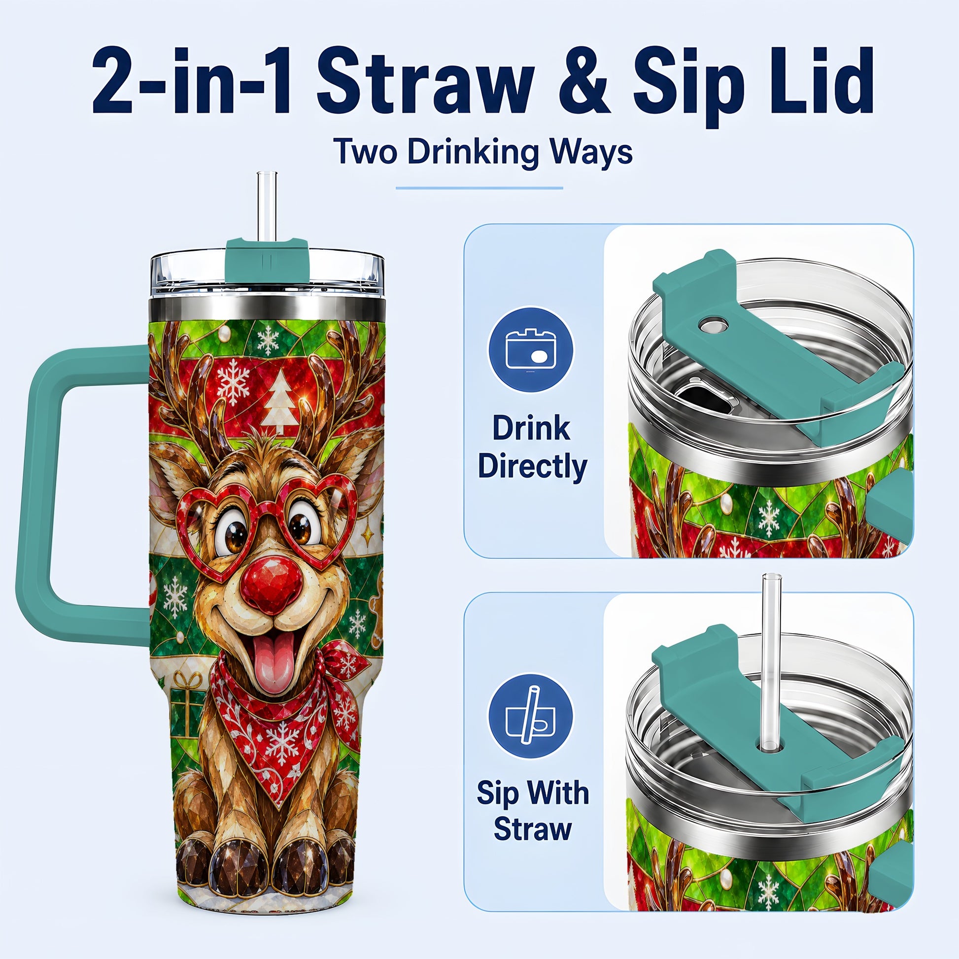 #pl[40oz|Green] Christmas Reindeer 40oz Tumbler with Handle, Stainless Steel Travel Cup