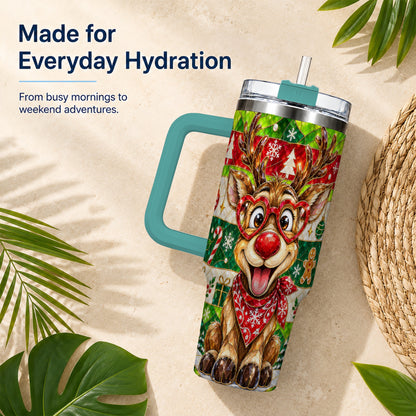 #pl[40oz|Green] Christmas Reindeer 40oz Tumbler with Handle, Stainless Steel Travel Cup