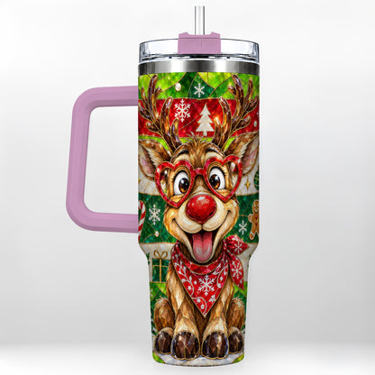 #pl[40oz|Pink] Christmas Reindeer 40oz Tumbler with Handle, Stainless Steel Travel Cup