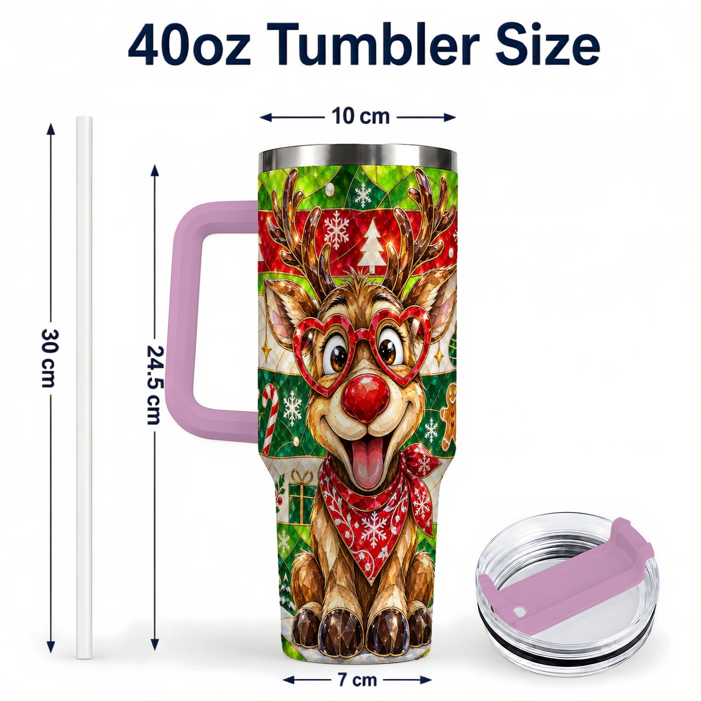 #pl[40oz|Pink] Christmas Reindeer 40oz Tumbler with Handle, Stainless Steel Travel Cup
