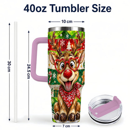 #pl[40oz|Pink] Christmas Reindeer 40oz Tumbler with Handle, Stainless Steel Travel Cup