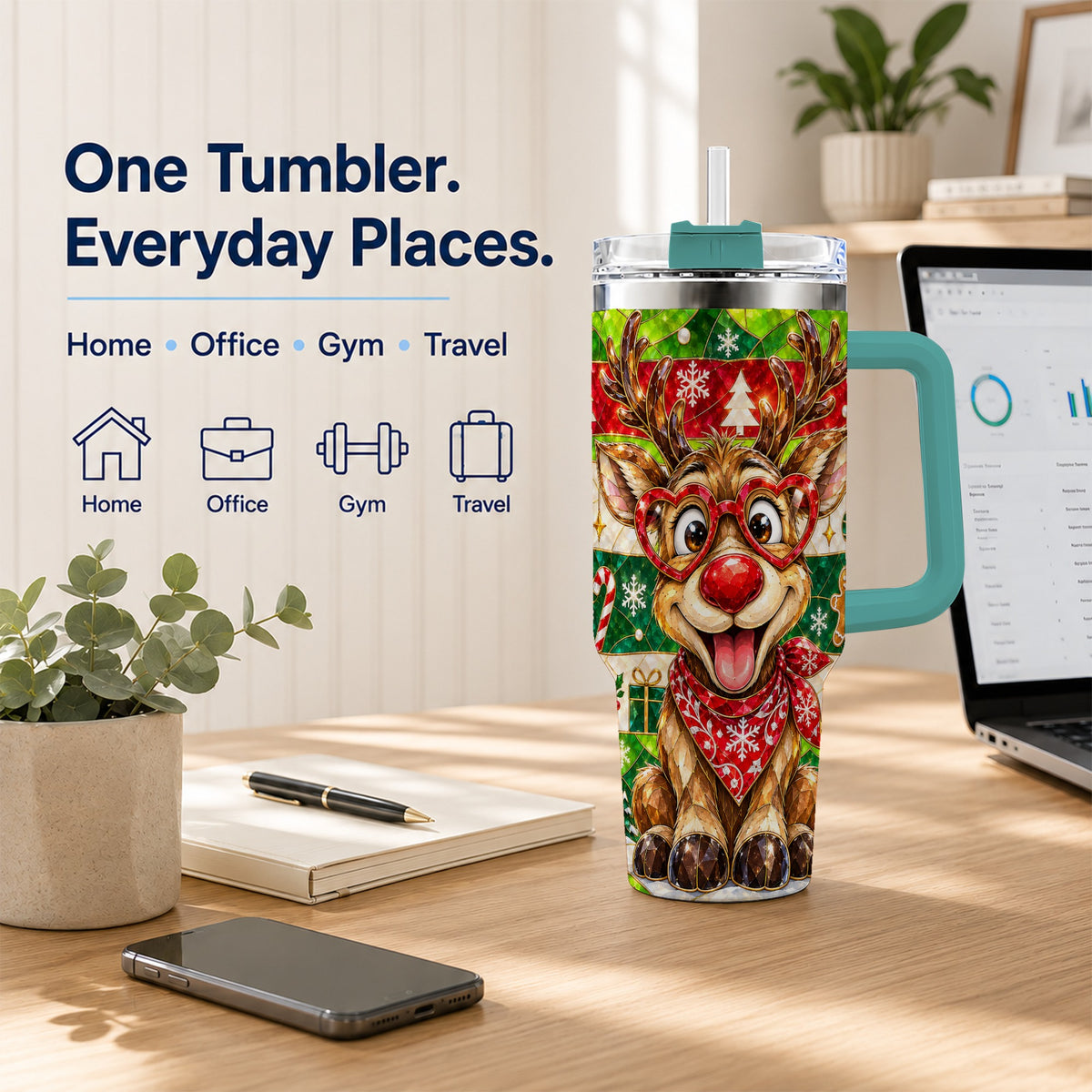 #pl[40oz|Green] Christmas Reindeer 40oz Tumbler with Handle, Stainless Steel Travel Cup