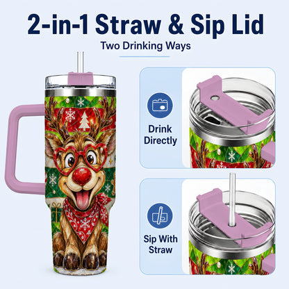 #pl[40oz|Pink] Christmas Reindeer 40oz Tumbler with Handle, Stainless Steel Travel Cup