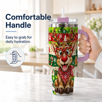 #pl[40oz|Pink] Christmas Reindeer 40oz Tumbler with Handle, Stainless Steel Travel Cup