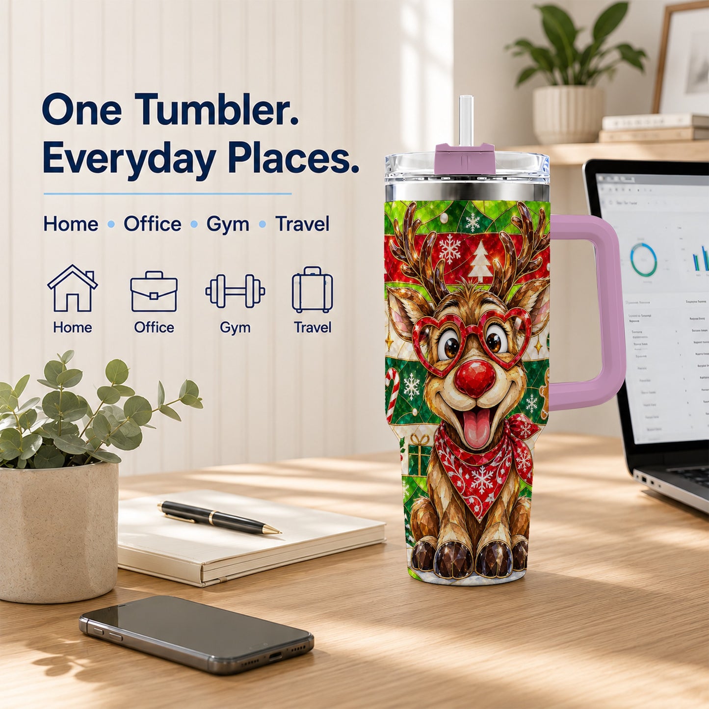 #pl[40oz|Pink] Christmas Reindeer 40oz Tumbler with Handle, Stainless Steel Travel Cup
