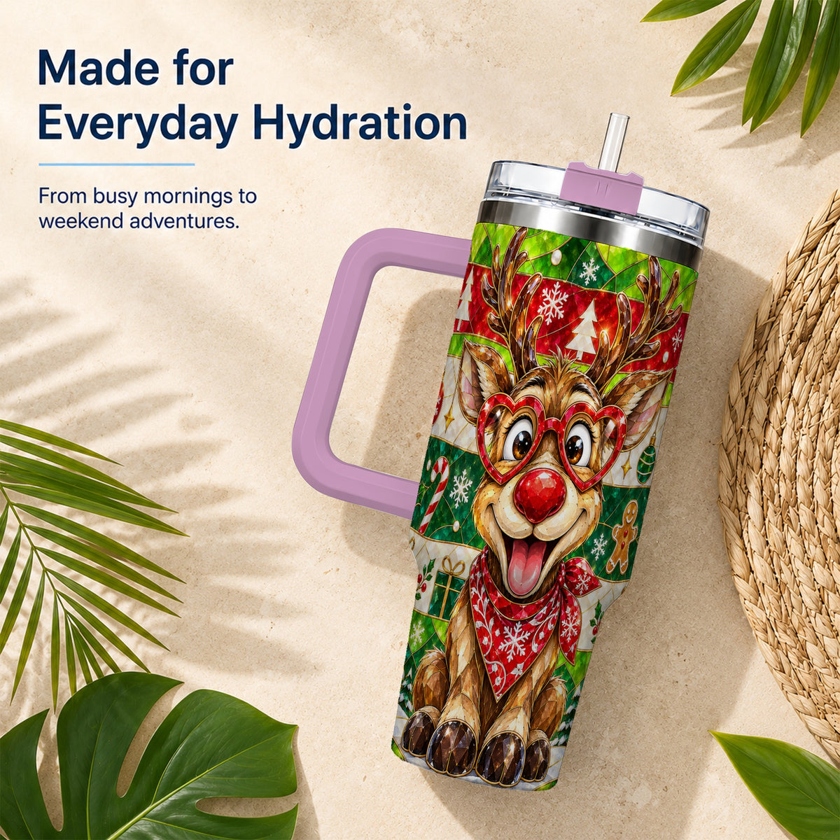 #pl[40oz|Pink] Christmas Reindeer 40oz Tumbler with Handle, Stainless Steel Travel Cup