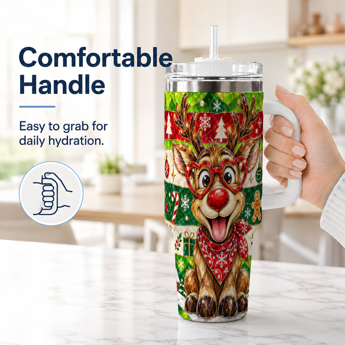#pl[40oz|White] Christmas Reindeer 40oz Tumbler with Handle, Stainless Steel Travel Cup