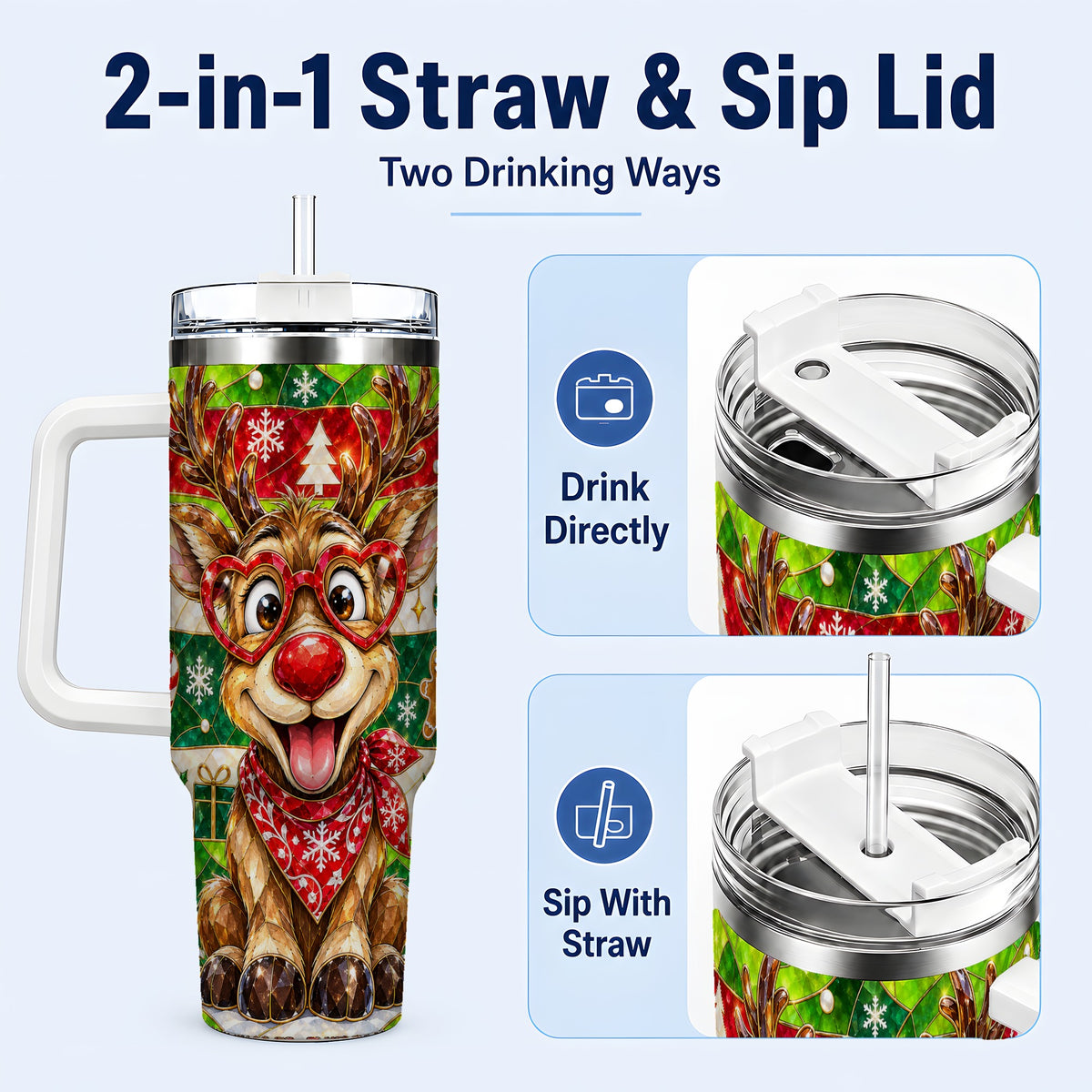 #pl[40oz|White] Christmas Reindeer 40oz Tumbler with Handle, Stainless Steel Travel Cup