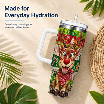 #pl[40oz|White] Christmas Reindeer 40oz Tumbler with Handle, Stainless Steel Travel Cup