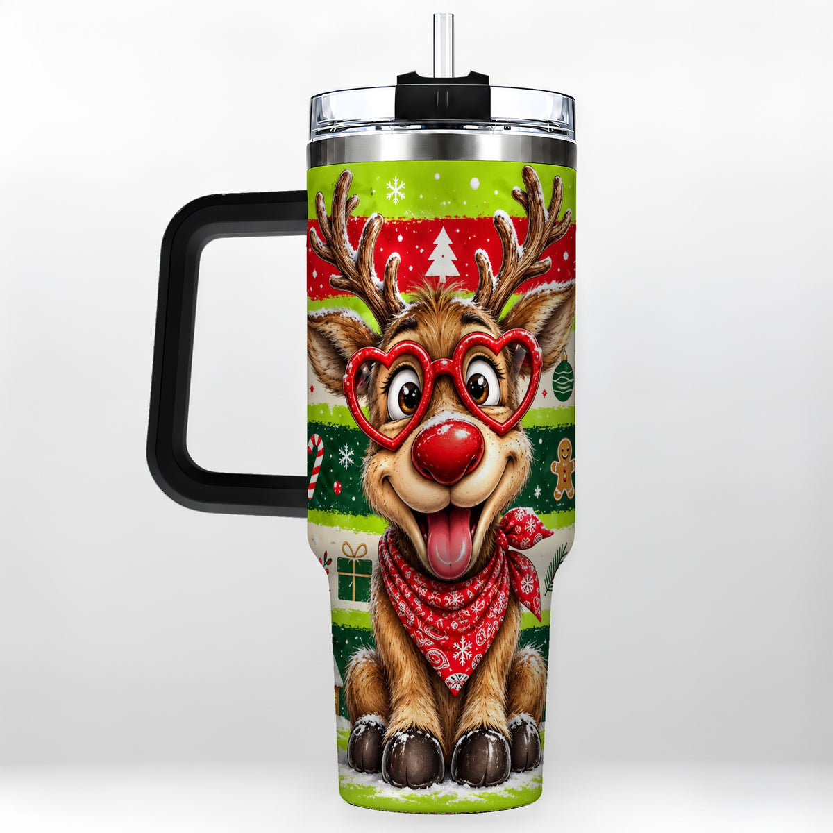 #pl[40oz|Black] Cute Reindeer 40oz Tumbler with Handle, Holiday Stainless Steel Travel Cup