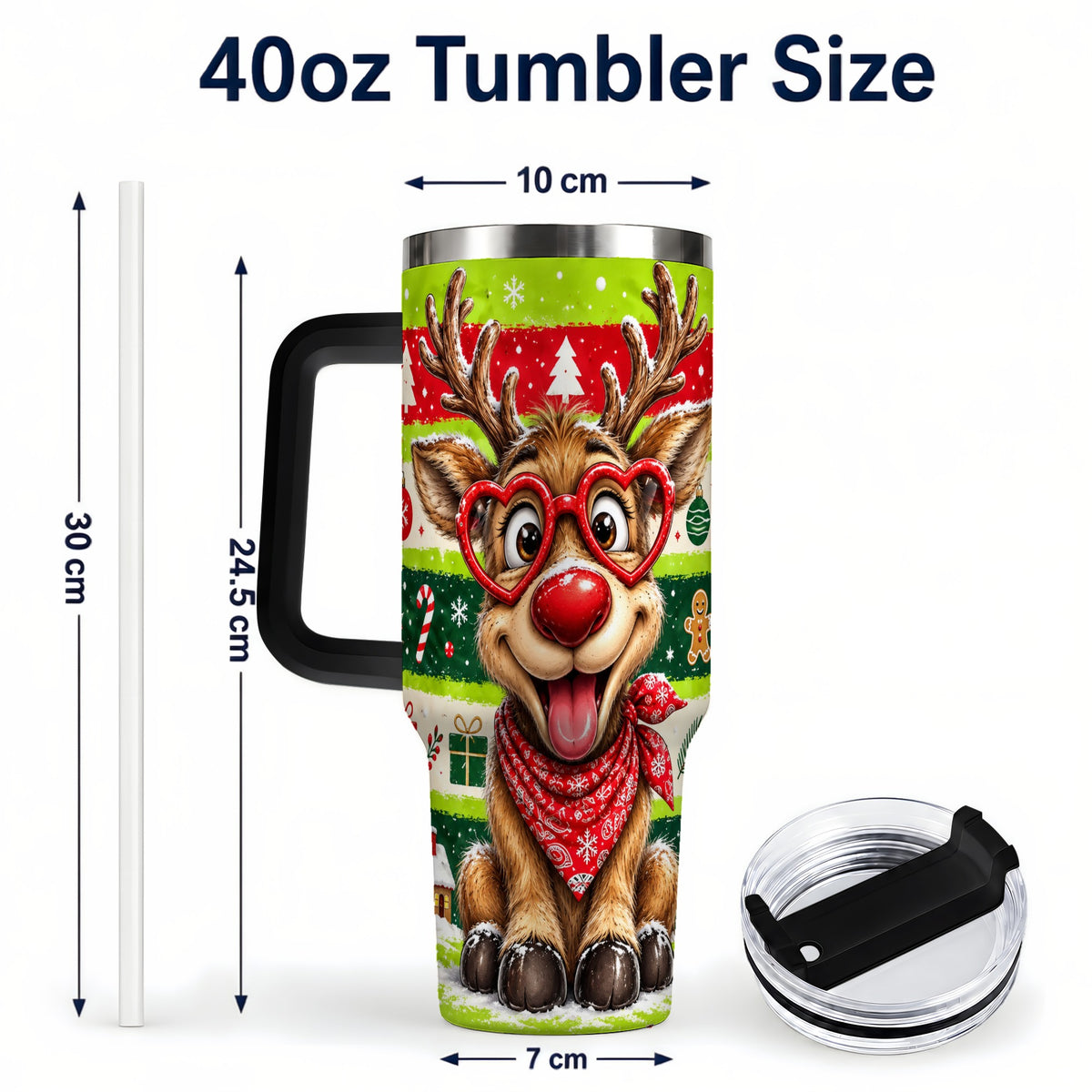#pl[40oz|Black] Cute Reindeer 40oz Tumbler with Handle, Holiday Stainless Steel Travel Cup