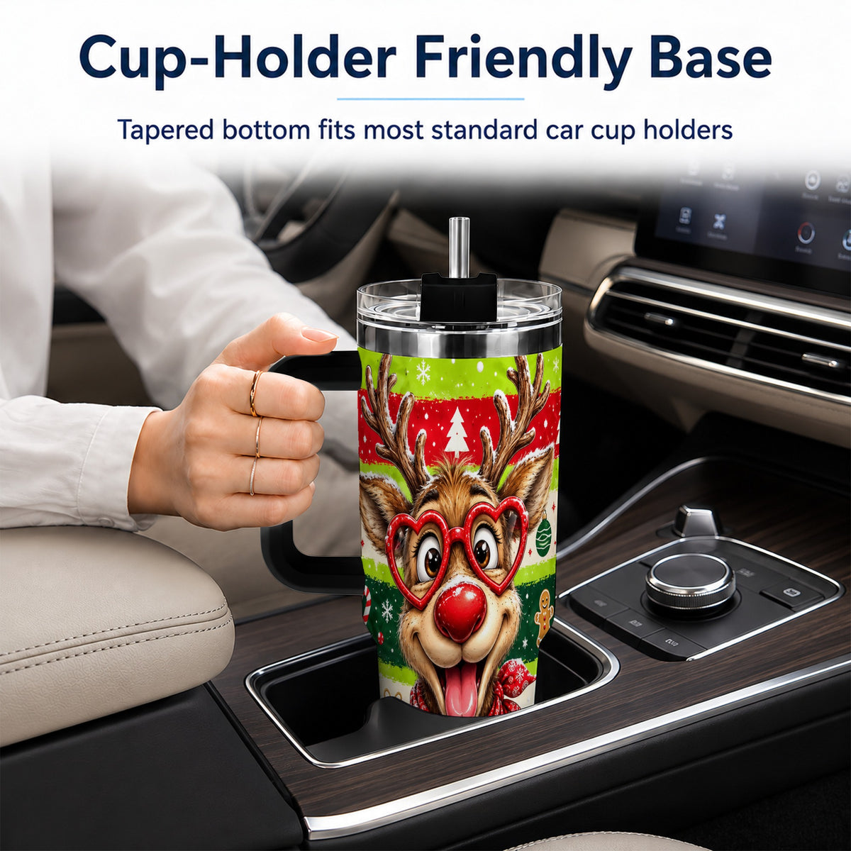 #pl[40oz|Black] Cute Reindeer 40oz Tumbler with Handle, Holiday Stainless Steel Travel Cup