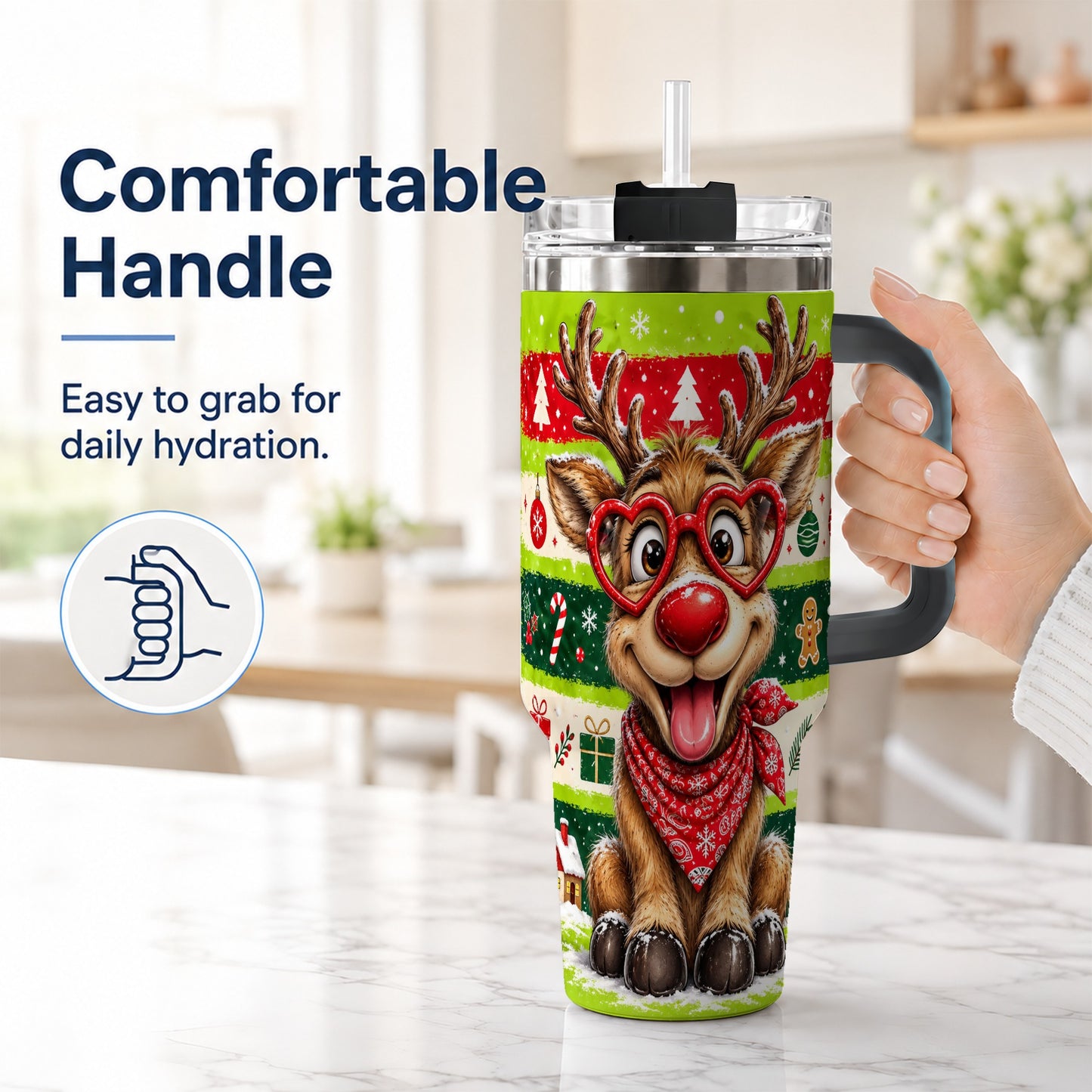 #pl[40oz|Black] Cute Reindeer 40oz Tumbler with Handle, Holiday Stainless Steel Travel Cup