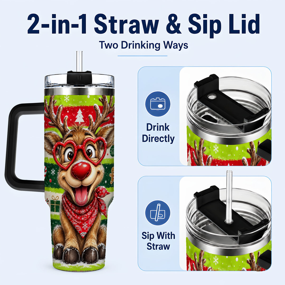 #pl[40oz|Black] Cute Reindeer 40oz Tumbler with Handle, Holiday Stainless Steel Travel Cup