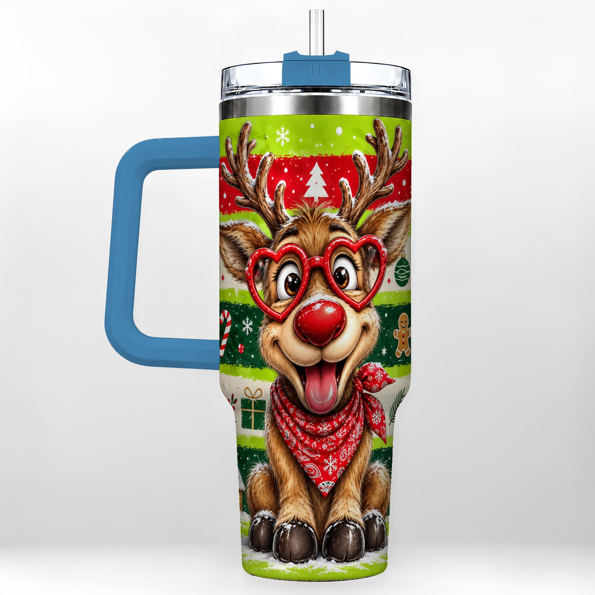#pl[40oz|Blue] Cute Reindeer 40oz Tumbler with Handle, Holiday Stainless Steel Travel Cup