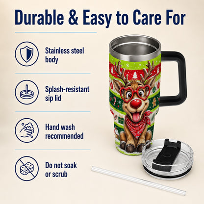 #pl[40oz|Black] Cute Reindeer 40oz Tumbler with Handle, Holiday Stainless Steel Travel Cup