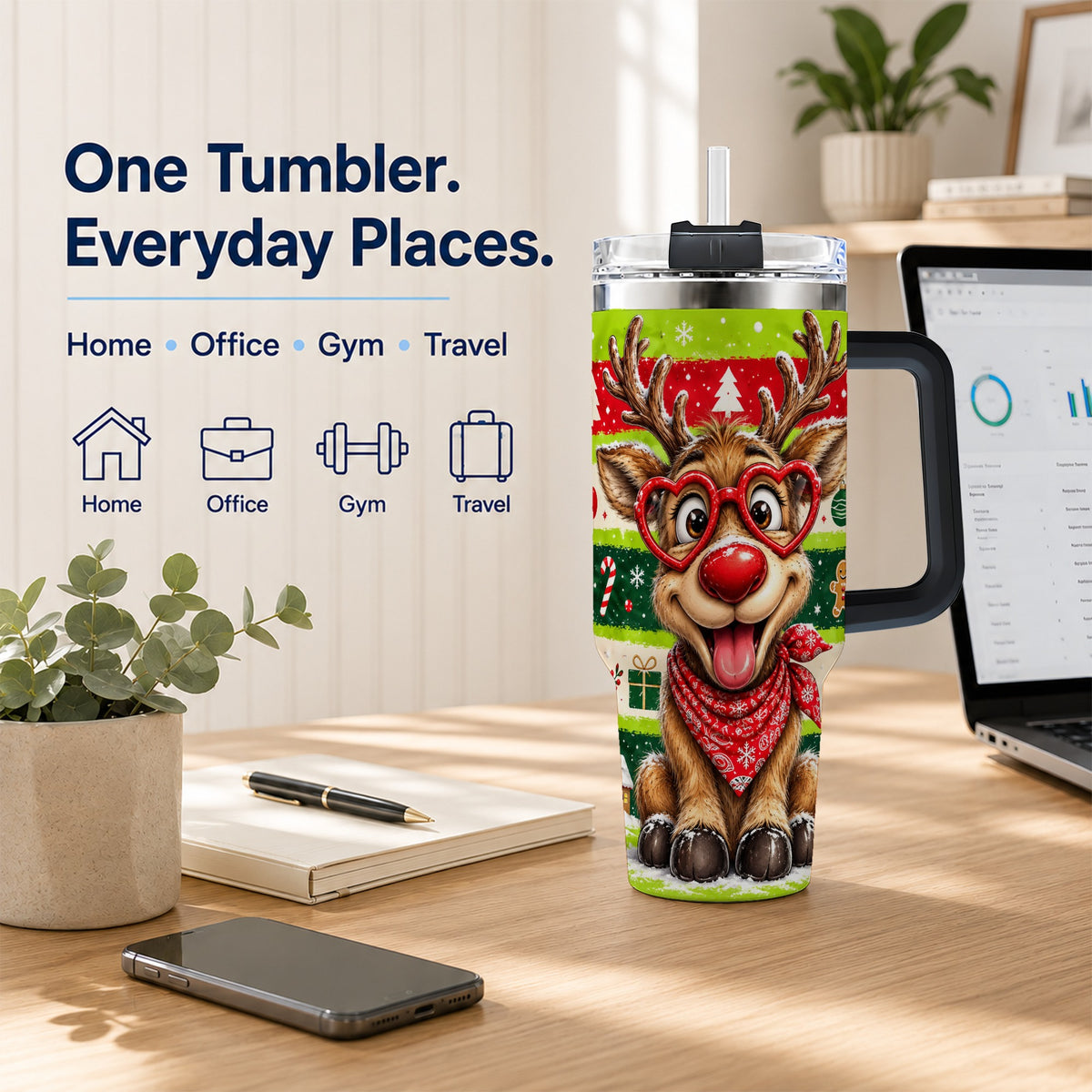#pl[40oz|Black] Cute Reindeer 40oz Tumbler with Handle, Holiday Stainless Steel Travel Cup