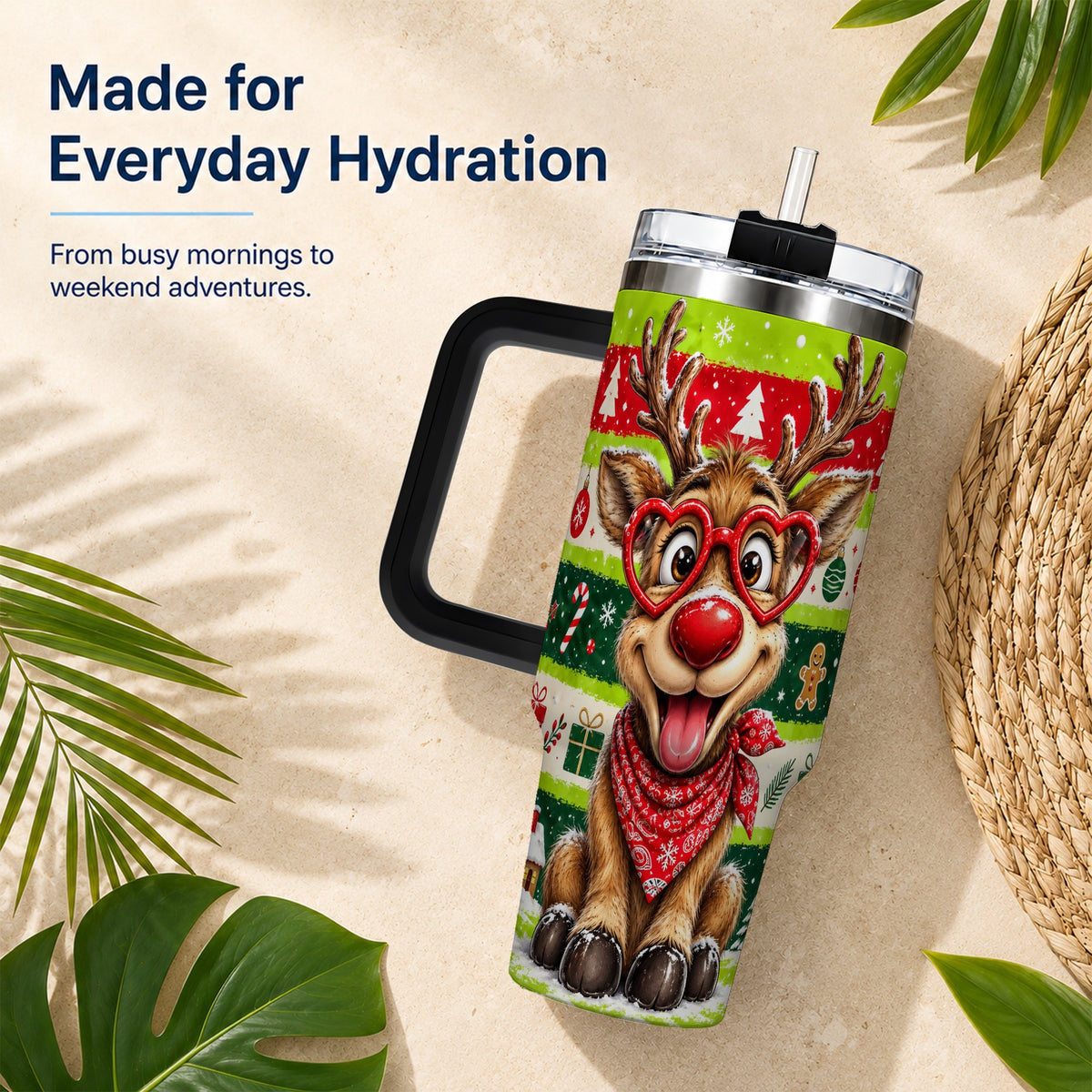 #pl[40oz|Black] Cute Reindeer 40oz Tumbler with Handle, Holiday Stainless Steel Travel Cup