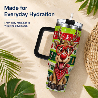 #pl[40oz|Black] Cute Reindeer 40oz Tumbler with Handle, Holiday Stainless Steel Travel Cup