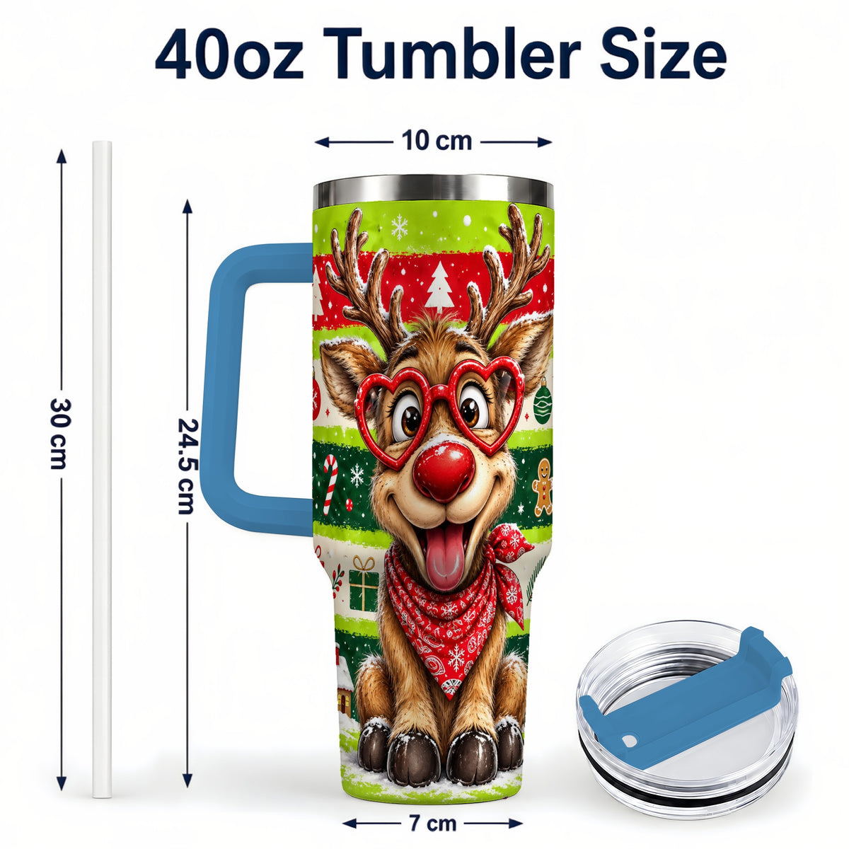 #pl[40oz|Blue] Cute Reindeer 40oz Tumbler with Handle, Holiday Stainless Steel Travel Cup