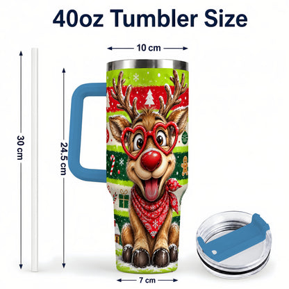 #pl[40oz|Blue] Cute Reindeer 40oz Tumbler with Handle, Holiday Stainless Steel Travel Cup