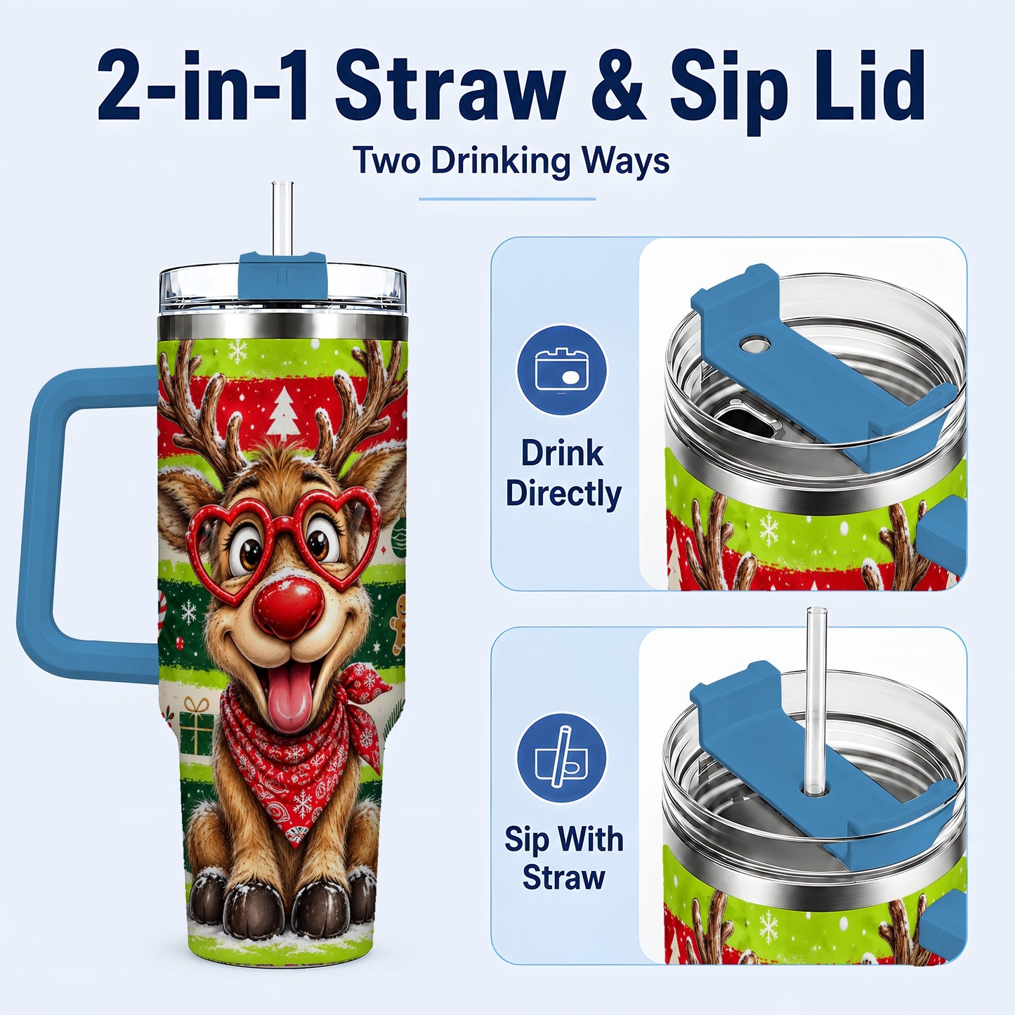 #pl[40oz|Blue] Cute Reindeer 40oz Tumbler with Handle, Holiday Stainless Steel Travel Cup