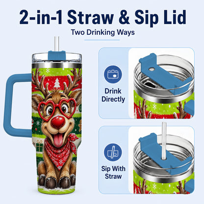 #pl[40oz|Blue] Cute Reindeer 40oz Tumbler with Handle, Holiday Stainless Steel Travel Cup