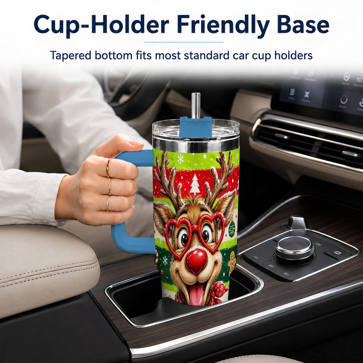 #pl[40oz|Blue] Cute Reindeer 40oz Tumbler with Handle, Holiday Stainless Steel Travel Cup