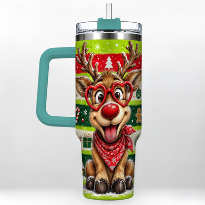 #pl[40oz|Green] Cute Reindeer 40oz Tumbler with Handle, Holiday Stainless Steel Travel Cup