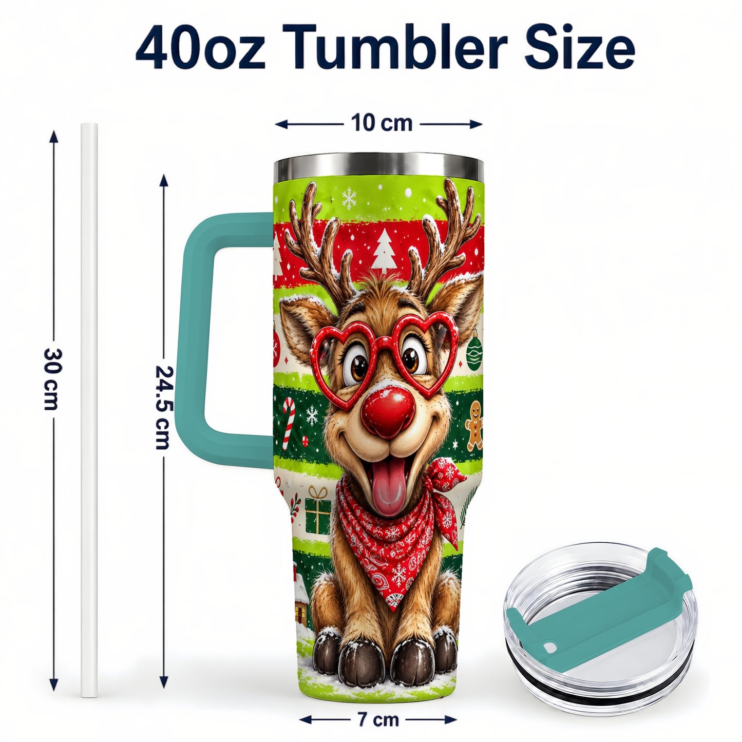 #pl[40oz|Green] Cute Reindeer 40oz Tumbler with Handle, Holiday Stainless Steel Travel Cup