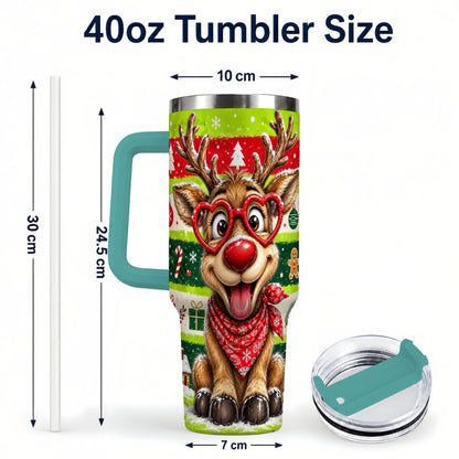 #pl[40oz|Green] Cute Reindeer 40oz Tumbler with Handle, Holiday Stainless Steel Travel Cup