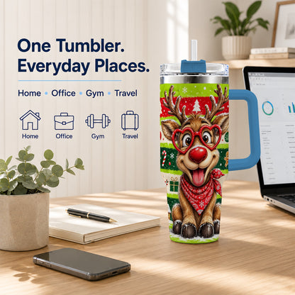 #pl[40oz|Blue] Cute Reindeer 40oz Tumbler with Handle, Holiday Stainless Steel Travel Cup